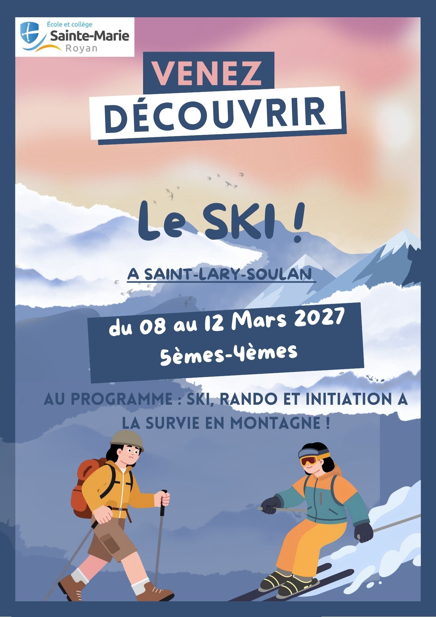 Affiche Vacances Hiver Fvrier Ski Montagne Bleu
